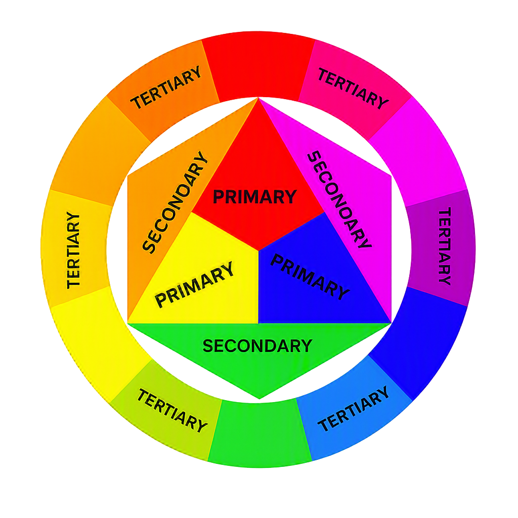 A twelve-part color wheel showing primary, secondary, and tertiary colors